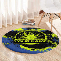 Abstract Blue and Yellow Bowling Ball Strike Design Round Carpet with Custom Name Print - Wonder Print Shop