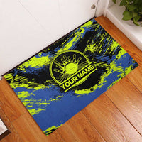 Abstract Blue and Yellow Bowling Ball Strike Design Rubber Doormat with Custom Name Print - Wonder Print Shop