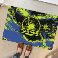 Abstract Blue and Yellow Bowling Ball Strike Design Rubber Doormat with Custom Name Print - Wonder Print Shop