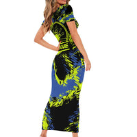 Abstract Blue and Yellow Bowling Ball Strike Design Short Sleeve Bodycon Dress with Custom Name Print - Wonder Print Shop