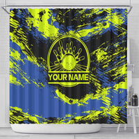 Abstract Blue and Yellow Bowling Ball Strike Design Shower Curtain with Custom Name Print - Wonder Print Shop