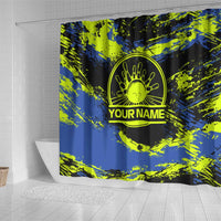 Abstract Blue and Yellow Bowling Ball Strike Design Shower Curtain with Custom Name Print - Wonder Print Shop