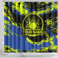Abstract Blue and Yellow Bowling Ball Strike Design Shower Curtain with Custom Name Print - Wonder Print Shop
