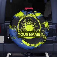 Abstract Blue and Yellow Bowling Ball Strike Design Spare Tire Cover with Custom Name Print - Wonder Print Shop