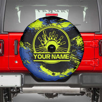 Abstract Blue and Yellow Bowling Ball Strike Design Spare Tire Cover with Custom Name Print - Wonder Print Shop