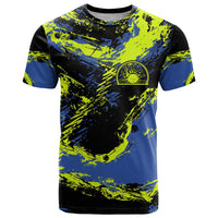 Abstract Blue and Yellow Bowling Ball Strike Design T Shirt with Custom Name Print - Wonder Print Shop