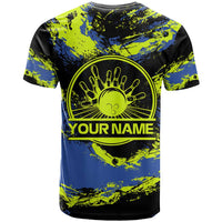 Abstract Blue and Yellow Bowling Ball Strike Design T Shirt with Custom Name Print - Wonder Print Shop