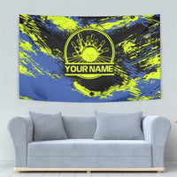 Abstract Blue and Yellow Bowling Ball Strike Design Tapestry with Custom Name Print - Wonder Print Shop