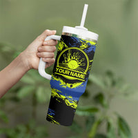 Abstract Blue and Yellow Bowling Ball Strike Design Tumbler With Handle with Custom Name Print - Wonder Print Shop