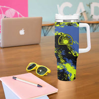 Abstract Blue and Yellow Bowling Ball Strike Design Tumbler With Handle with Custom Name Print - Wonder Print Shop