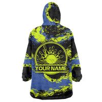 Abstract Blue and Yellow Bowling Ball Strike Design Wearable Blanket Hoodie with Custom Name Print - Wonder Print Shop