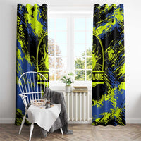 Abstract Blue and Yellow Bowling Ball Strike Design Window Curtain with Custom Name Print - Wonder Print Shop