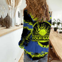 Abstract Blue and Yellow Bowling Ball Strike Design Women Casual Shirt with Custom Name Print - Wonder Print Shop