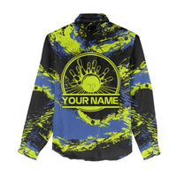 Abstract Blue and Yellow Bowling Ball Strike Design Women Casual Shirt with Custom Name Print - Wonder Print Shop