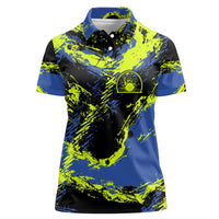 Abstract Blue and Yellow Bowling Ball Strike Design Women Polo Shirt with Custom Name Print - Wonder Print Shop