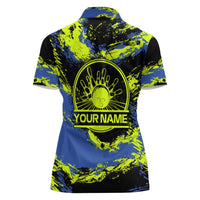 Abstract Blue and Yellow Bowling Ball Strike Design Women Polo Shirt with Custom Name Print - Wonder Print Shop