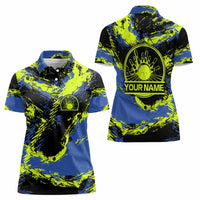Abstract Blue and Yellow Bowling Ball Strike Design Women Polo Shirt with Custom Name Print - Wonder Print Shop