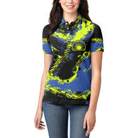 Abstract Blue and Yellow Bowling Ball Strike Design Women Polo Shirt with Custom Name Print - Wonder Print Shop