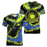 Abstract Blue and Yellow Bowling Ball Strike Design Women V-Neck T-Shirt with Custom Name Print - Wonder Print Shop