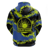 Abstract Blue and Yellow Bowling Ball Strike Design Zip Hoodie with Custom Name Print - Wonder Print Shop