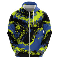 Abstract Blue and Yellow Bowling Ball Strike Design Zip Hoodie with Custom Name Print - Wonder Print Shop