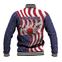 American Flag Bowling Pin Strike Graphic Baseball Jacket with Custom Name and Pattern Background - Wonder Print Shop