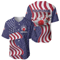 American Flag Bowling Pin Strike Graphic Baseball Jersey with Custom Name and Pattern Background - Wonder Print Shop