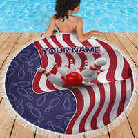 American Flag Bowling Pin Strike Graphic Beach Blanket with Custom Name and Pattern Background - Wonder Print Shop