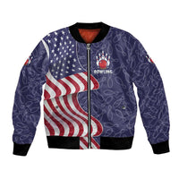American Flag Bowling Pin Strike Graphic Bomber Jacket with Custom Name and Pattern Background - Wonder Print Shop