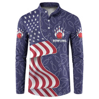 American Flag Bowling Pin Strike Graphic Button Sweatshirt with Custom Name and Pattern Background - Wonder Print Shop