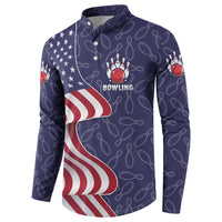American Flag Bowling Pin Strike Graphic Button Sweatshirt with Custom Name and Pattern Background - Wonder Print Shop
