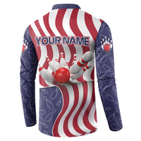 American Flag Bowling Pin Strike Graphic Button Sweatshirt with Custom Name and Pattern Background - Wonder Print Shop