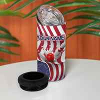 American Flag Bowling Pin Strike Graphic 4 in 1 Can Cooler Tumbler with Custom Name and Pattern Background - Wonder Print Shop