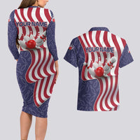 American Flag Bowling Pin Strike Graphic Couples Matching Long Sleeve Bodycon Dress and Hawaiian Shirt with Custom Name and Pattern Background - Wonder Print Shop