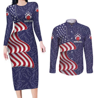 American Flag Bowling Pin Strike Graphic Couples Matching Long Sleeve Bodycon Dress and Long Sleeve Button Shirt with Custom Name and Pattern Background - Wonder Print Shop