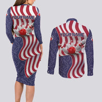 American Flag Bowling Pin Strike Graphic Couples Matching Long Sleeve Bodycon Dress and Long Sleeve Button Shirt with Custom Name and Pattern Background - Wonder Print Shop