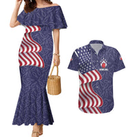 American Flag Bowling Pin Strike Graphic Couples Matching Mermaid Dress and Hawaiian Shirt with Custom Name and Pattern Background - Wonder Print Shop