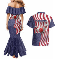 American Flag Bowling Pin Strike Graphic Couples Matching Mermaid Dress and Hawaiian Shirt with Custom Name and Pattern Background - Wonder Print Shop