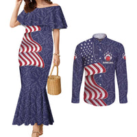 American Flag Bowling Pin Strike Graphic Couples Matching Mermaid Dress and Long Sleeve Button Shirt with Custom Name and Pattern Background - Wonder Print Shop