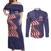 American Flag Bowling Pin Strike Graphic Couples Matching Off Shoulder Maxi Dress and Long Sleeve Button Shirt with Custom Name and Pattern Background - Wonder Print Shop