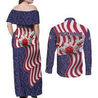 American Flag Bowling Pin Strike Graphic Couples Matching Off Shoulder Maxi Dress and Long Sleeve Button Shirt with Custom Name and Pattern Background - Wonder Print Shop