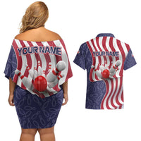 American Flag Bowling Pin Strike Graphic Couples Matching Off Shoulder Short Dress and Hawaiian Shirt with Custom Name and Pattern Background - Wonder Print Shop