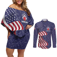 American Flag Bowling Pin Strike Graphic Couples Matching Off Shoulder Short Dress and Long Sleeve Button Shirt with Custom Name and Pattern Background - Wonder Print Shop