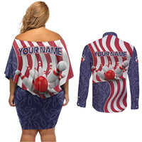 American Flag Bowling Pin Strike Graphic Couples Matching Off Shoulder Short Dress and Long Sleeve Button Shirt with Custom Name and Pattern Background - Wonder Print Shop