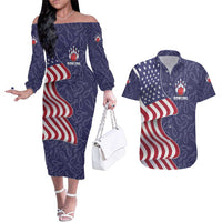 American Flag Bowling Pin Strike Graphic Couples Matching Off The Shoulder Long Sleeve Dress and Hawaiian Shirt with Custom Name and Pattern Background - Wonder Print Shop