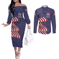 American Flag Bowling Pin Strike Graphic Couples Matching Off The Shoulder Long Sleeve Dress and Long Sleeve Button Shirt with Custom Name and Pattern Background - Wonder Print Shop