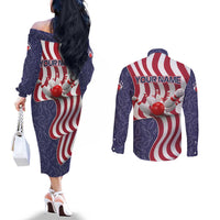American Flag Bowling Pin Strike Graphic Couples Matching Off The Shoulder Long Sleeve Dress and Long Sleeve Button Shirt with Custom Name and Pattern Background - Wonder Print Shop