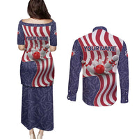 American Flag Bowling Pin Strike Graphic Couples Matching Puletasi and Long Sleeve Button Shirt with Custom Name and Pattern Background - Wonder Print Shop