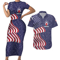 American Flag Bowling Pin Strike Graphic Couples Matching Short Sleeve Bodycon Dress and Hawaiian Shirt with Custom Name and Pattern Background - Wonder Print Shop