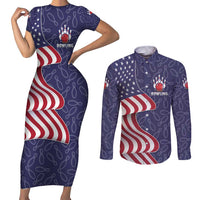 American Flag Bowling Pin Strike Graphic Couples Matching Short Sleeve Bodycon Dress and Long Sleeve Button Shirt with Custom Name and Pattern Background - Wonder Print Shop